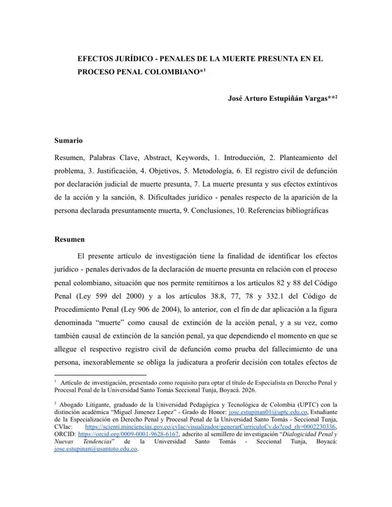 Primera página de "Efectos jurídico-penales de la muerte presunta en el proceso penal colombiano"