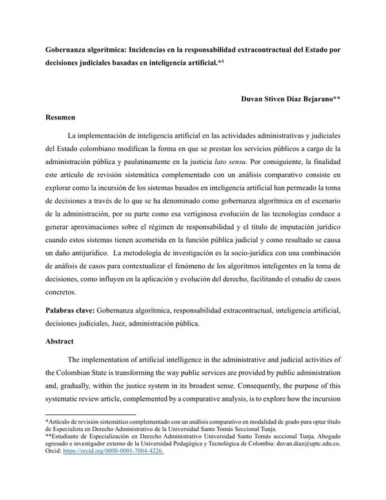 Primera página de "Gobernanza algorítmica: incidencias en la responsabilidad extracontractual del Estado por decisiones judiciales basadas en inteligencia artificial"