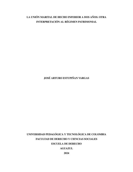 Primera página de "La unión marital de hecho inferior a dos años: otra interpretación al régimen patrimonial"